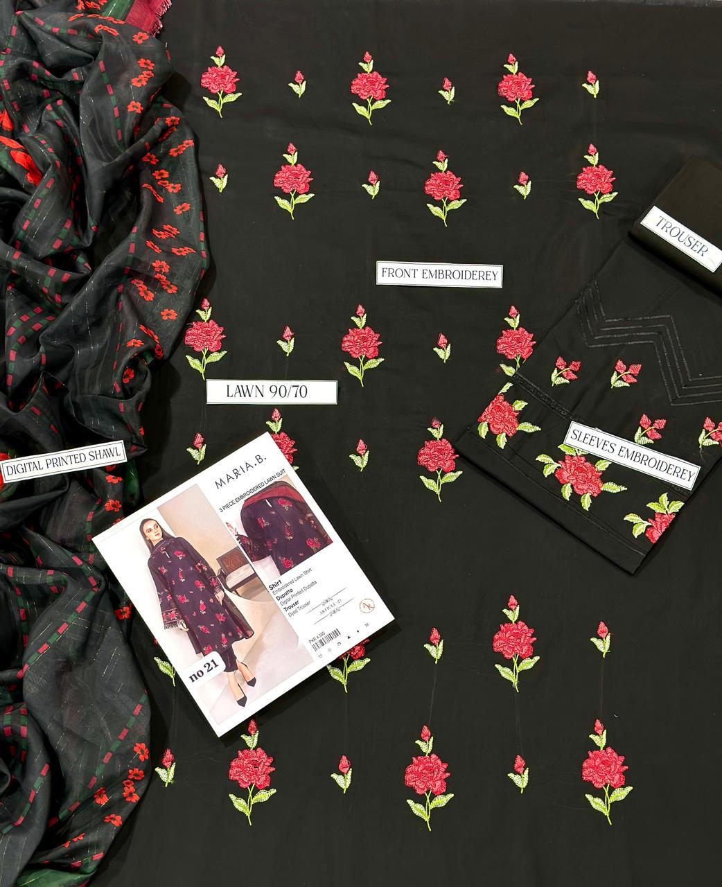 Black Lawn Embroidered 3-Piece Suit with Digital Printed Shawl