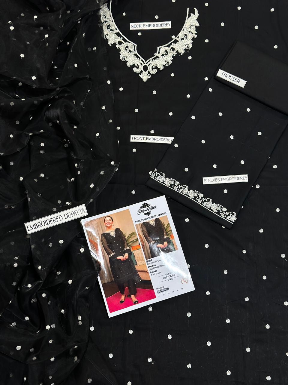 Black Embroidered 3-Piece Lawn Suit with Chiffon Dupatta