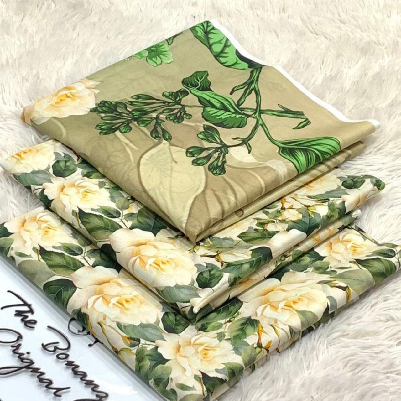 Sage Gardenia 3-Piece Unstitched Suit - Cream Roses & Forest Green