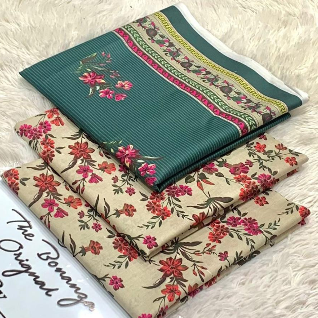 Teal Pine 3-Piece Unstitched Suit - Striped Floral Fusion