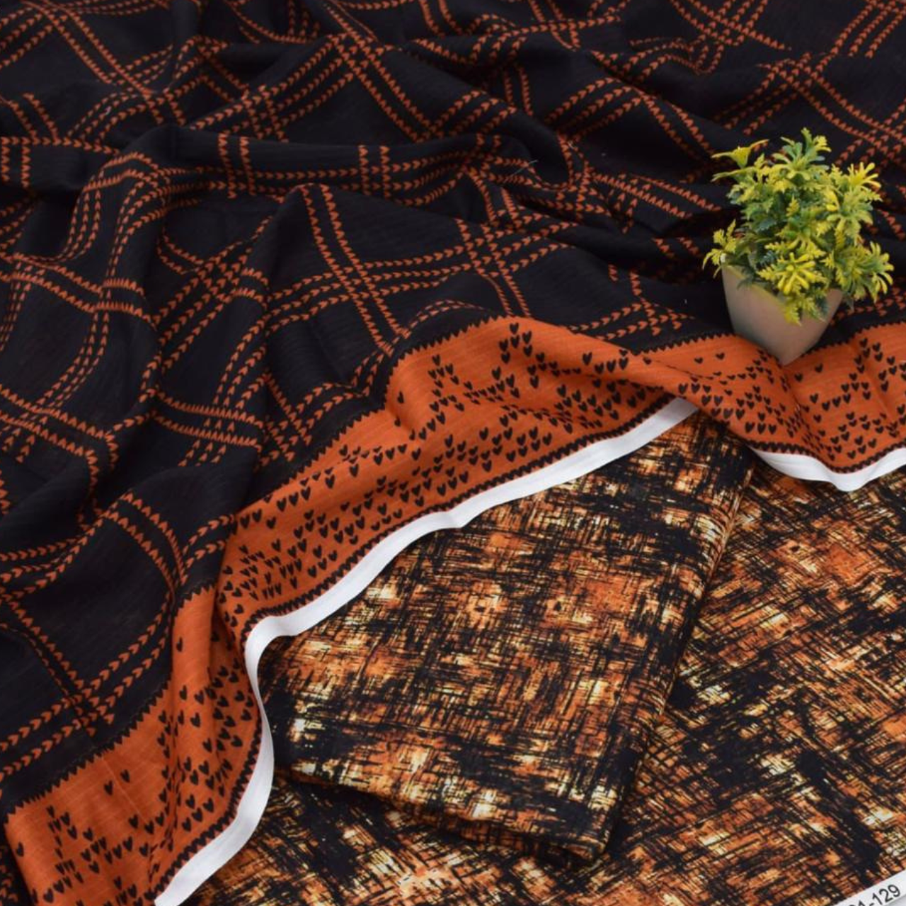 Tangerine Sunburst 3-Piece Unstitched Suit - Abstract Floral Fusion