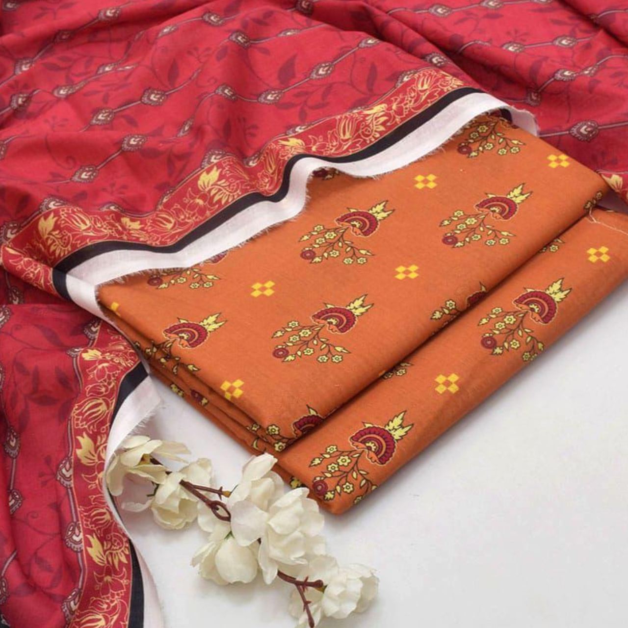 Peach Rosebloom 3-Piece Unstitched Suit - Terracotta & Lace