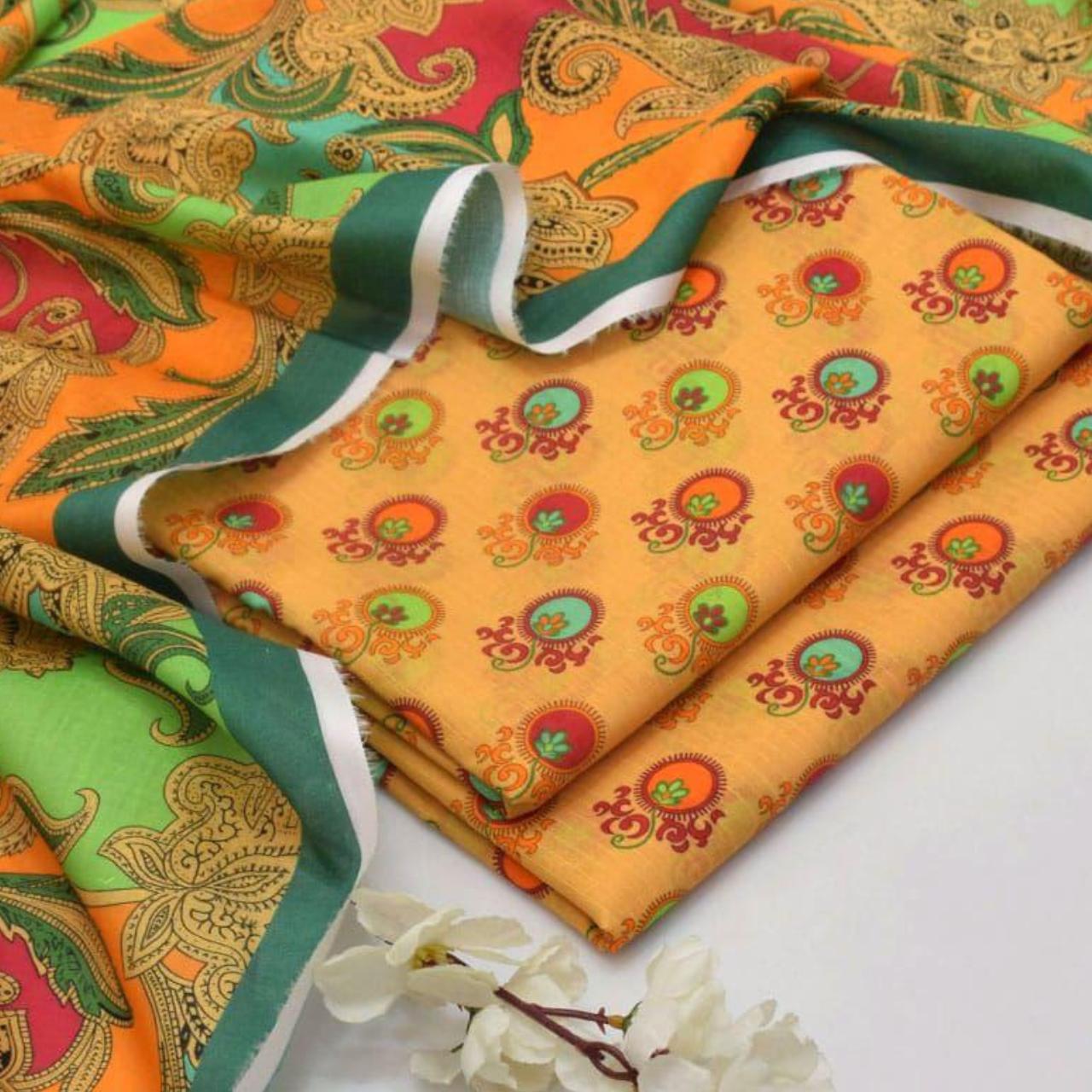 Olive Bronze Vintage Floral 3-Piece Unstitched Suit