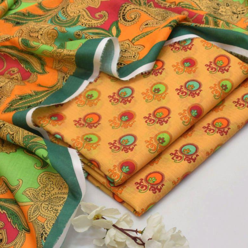 Olive Bronze Vintage Floral 3-Piece Unstitched Suit