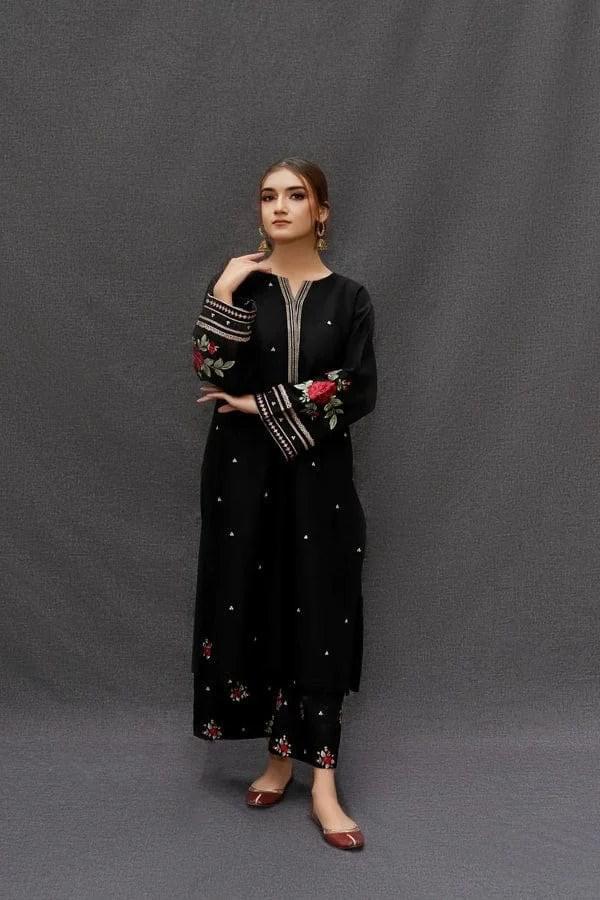 Elegant Black Embroidered Lawn Kurta with Matching Trouser