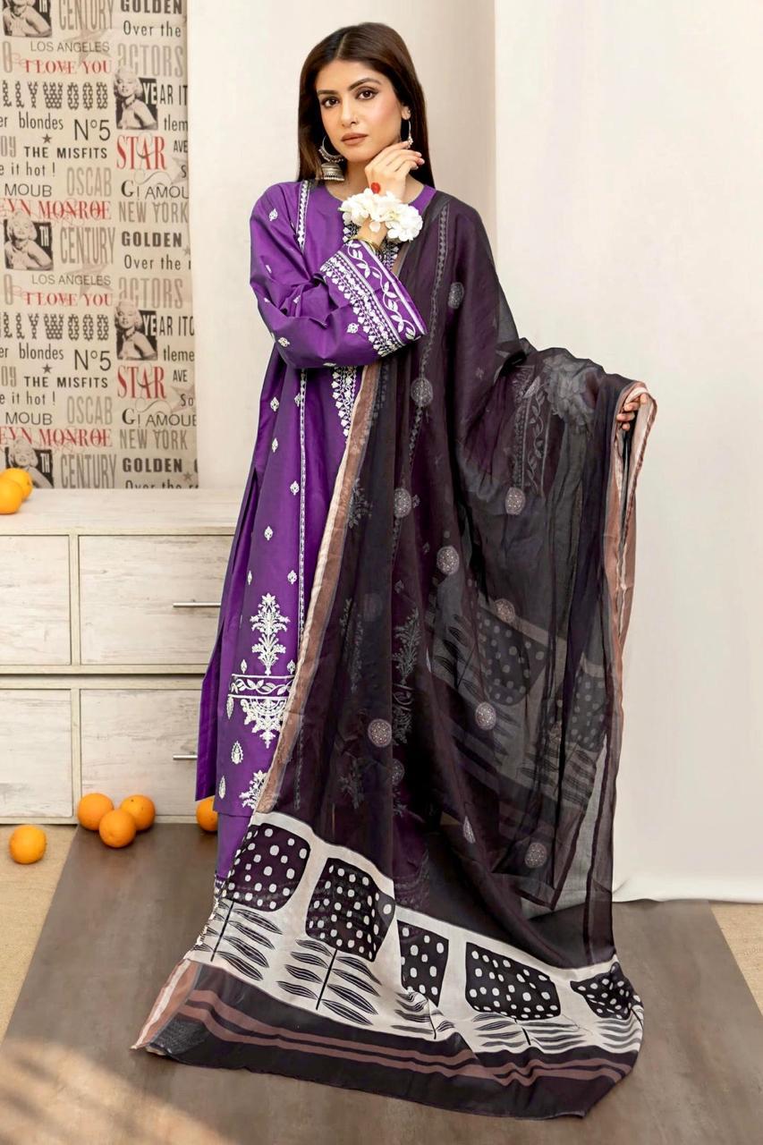 Purple Embroidered 3-Piece Suit with Printed Dupatta