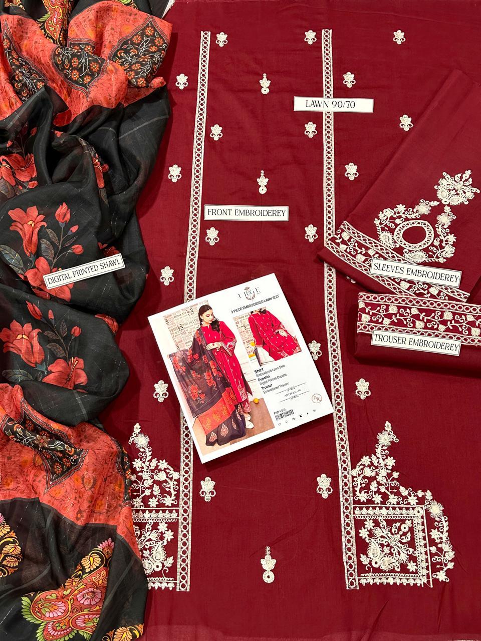 Maroon Embroidered 3-Piece Lawn Suit