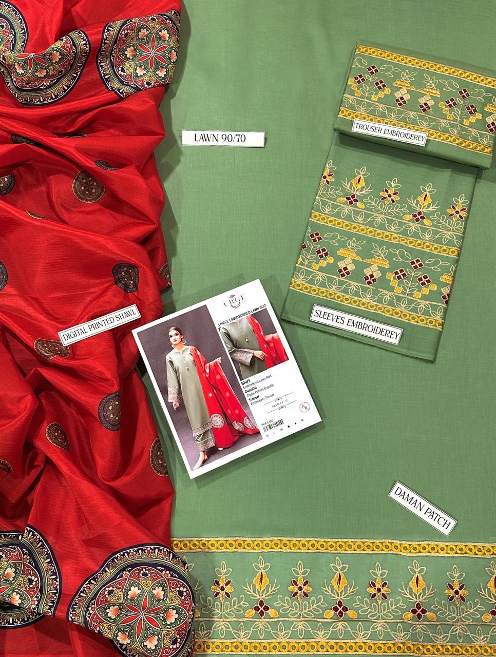 Sage Green Embroidered Kurta Set with Printed Shawl