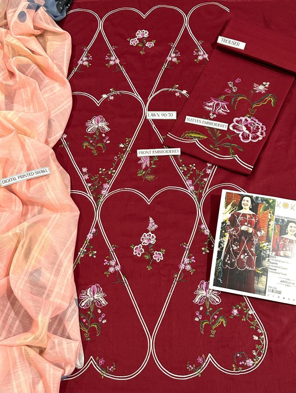 Elegant Maroon 3-Piece Embroidered Lawn Suit with Digital Printed Shawl