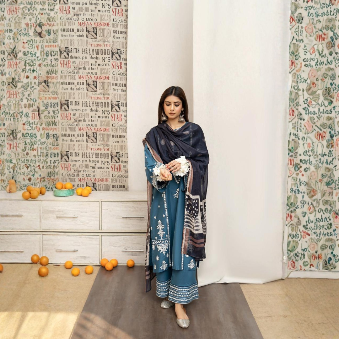 Elegant Teal 3-Piece Embroidered Lawn Suit