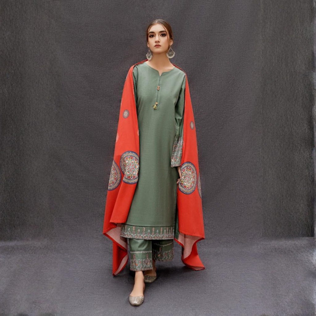 Sage Green Embroidered Kurta Set with Printed Shawl