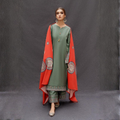 Sage Green Embroidered Kurta Set with Printed Shawl