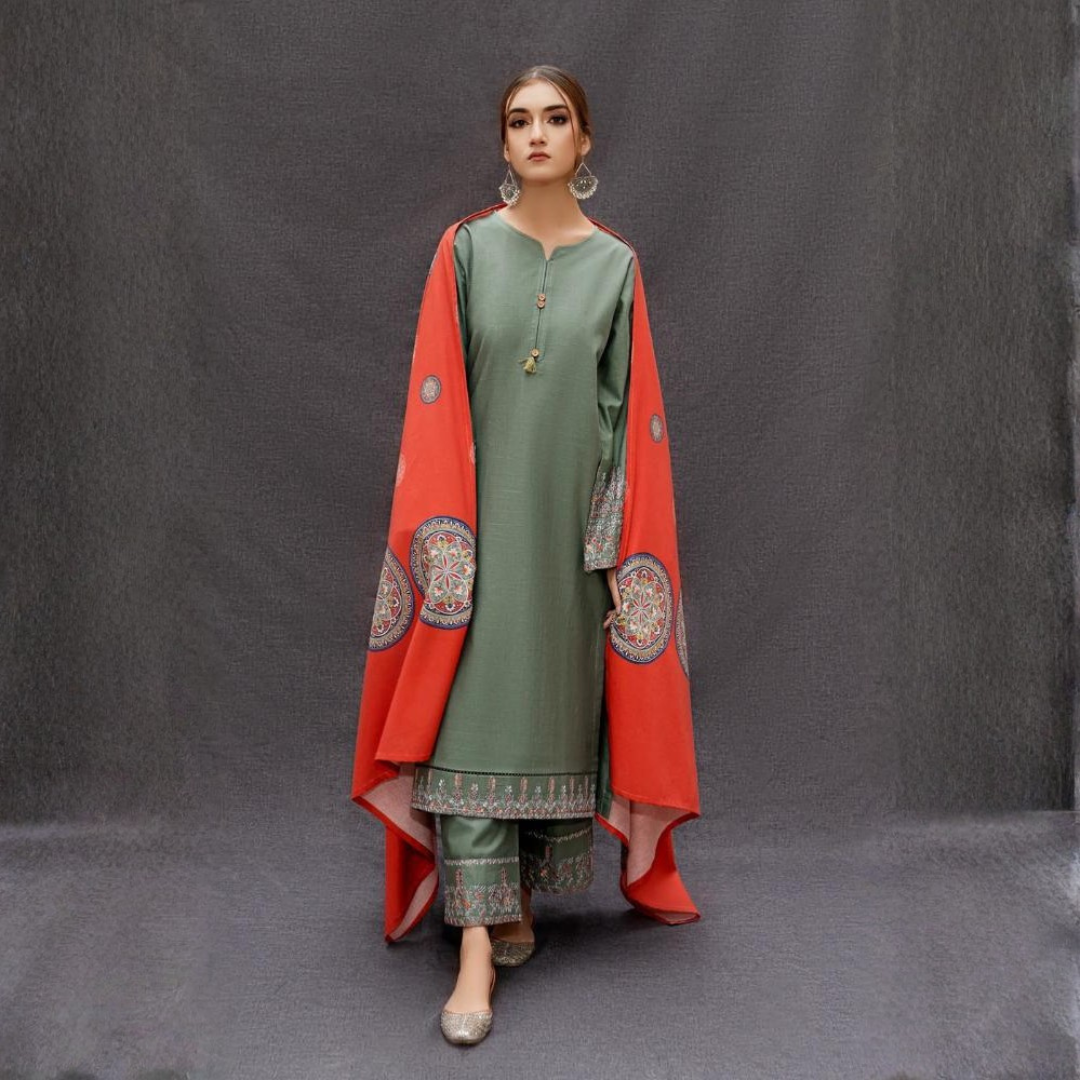 Sage Green Embroidered Kurta Set with Printed Shawl