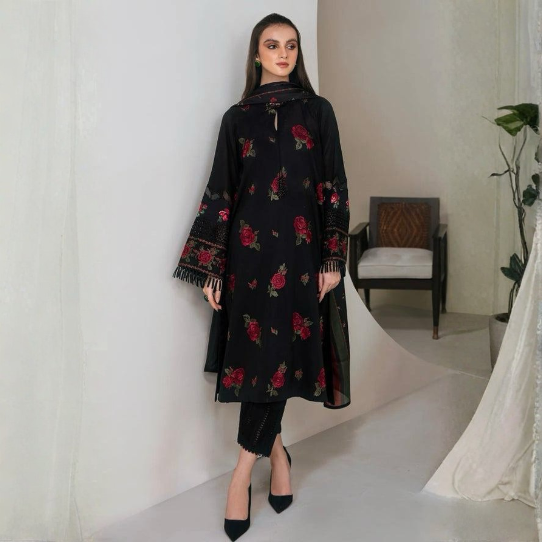 Black Lawn Embroidered 3-Piece Suit with Digital Printed Shawl