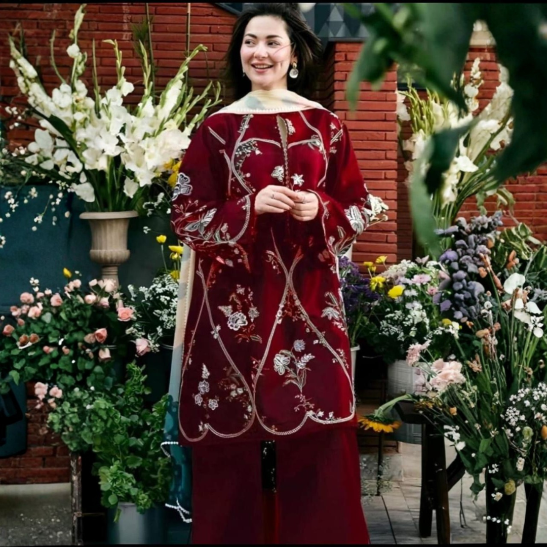 Elegant Maroon 3-Piece Embroidered Lawn Suit with Digital Printed Shawl