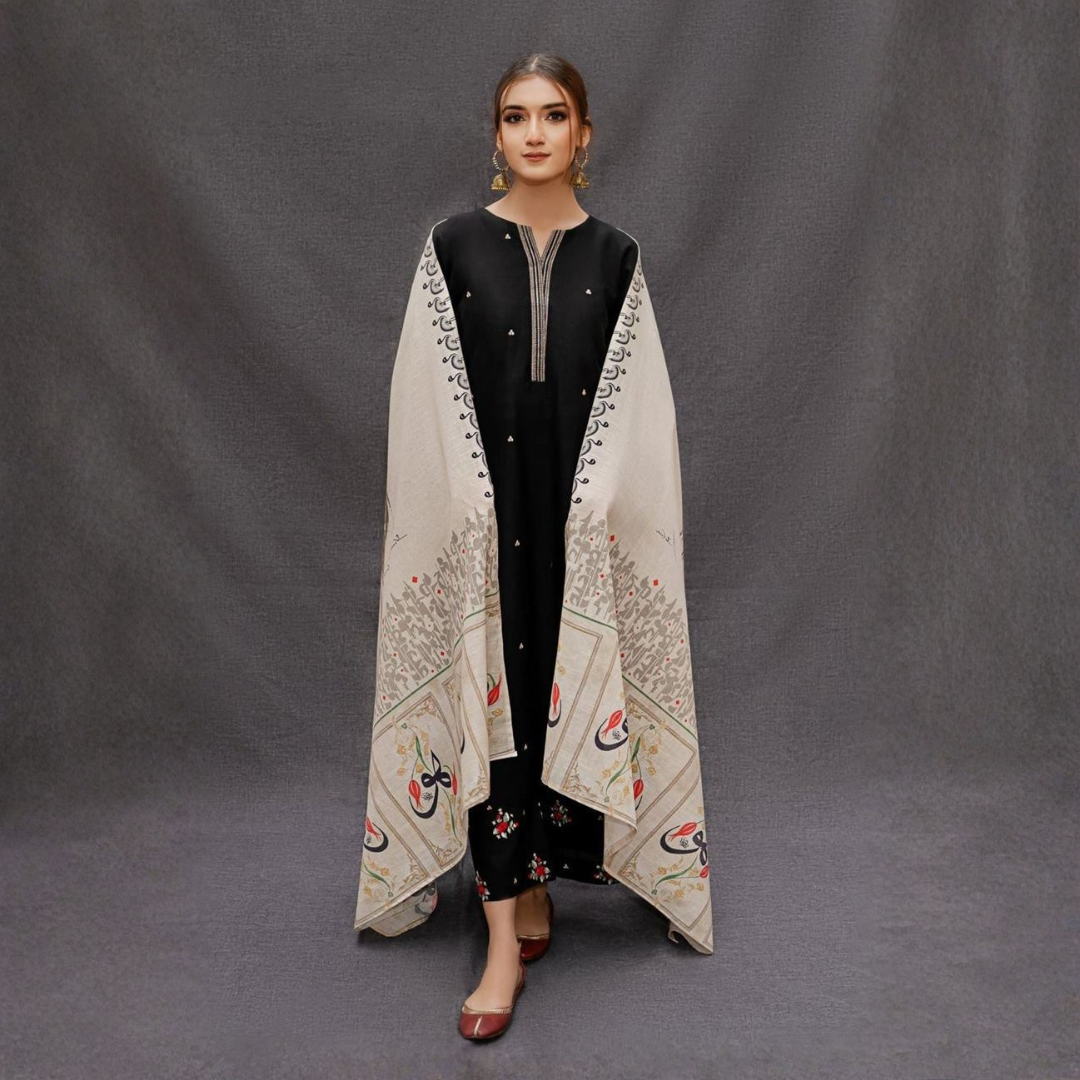 Elegant Black Embroidered Lawn Kurta with Matching Trouser