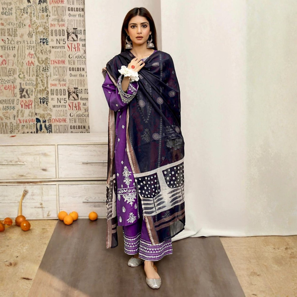 Purple Embroidered 3-Piece Suit with Printed Dupatta
