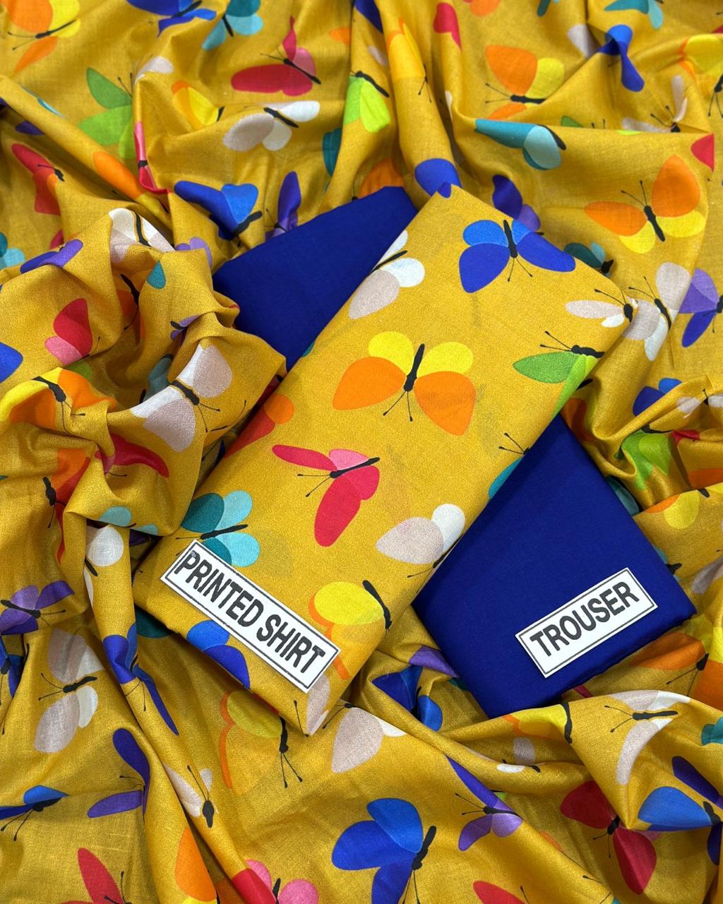 Mustard Butterfly Printed Shirt with Royal Blue Trouser Fabric Set