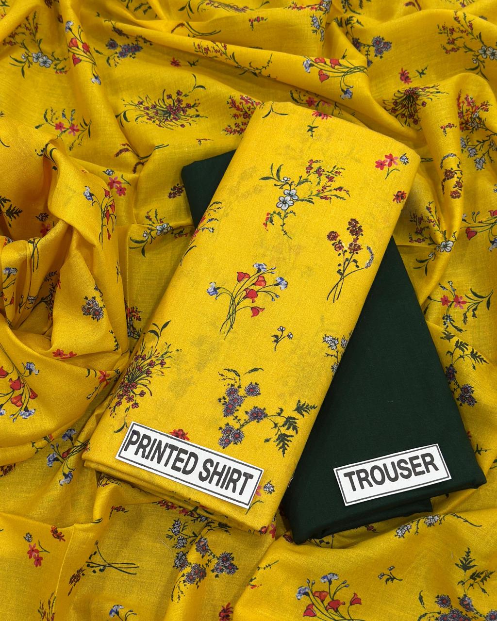 Mustard Floral Printed Shirt with Solid Dark Green Trouser Fabric Set
