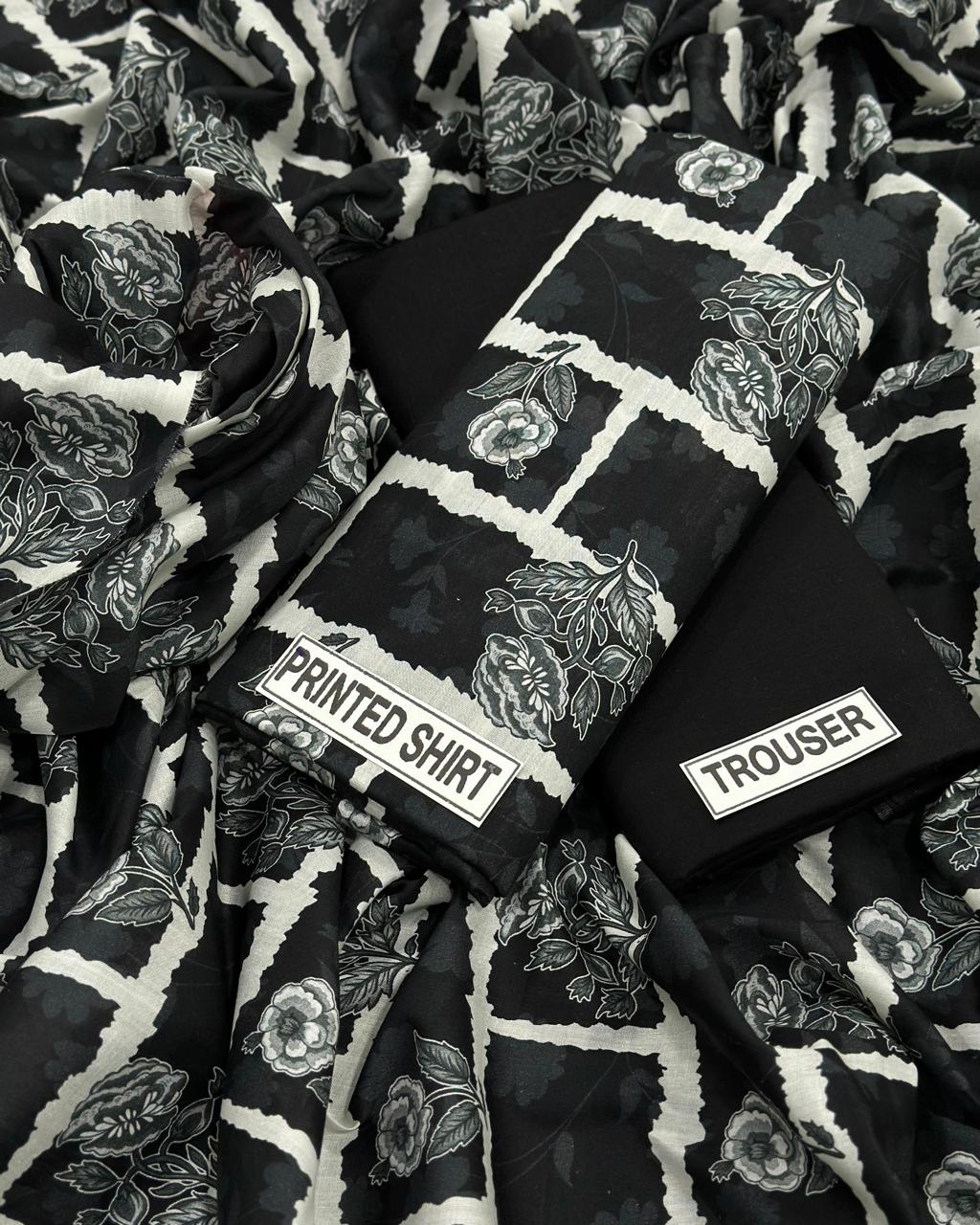 Elegant Monochrome Floral Grid – 3-Piece Unstitched Lawn Suite