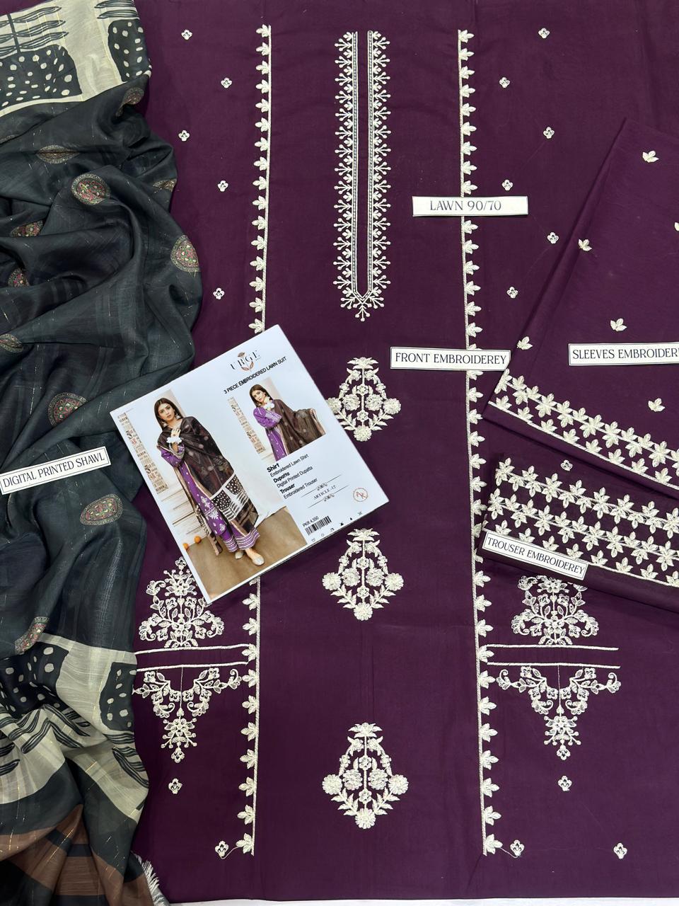 Purple Embroidered 3-Piece Suit with Printed Dupatta
