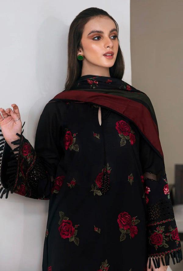 Black Lawn Embroidered 3-Piece Suit with Digital Printed Shawl