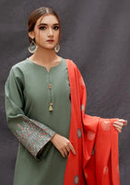 Sage Green Embroidered Kurta Set with Printed Shawl