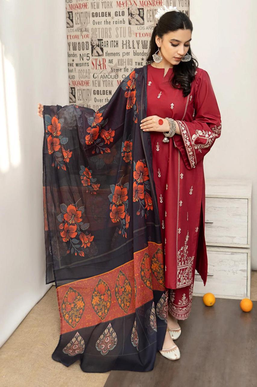 Maroon Embroidered 3-Piece Lawn Suit